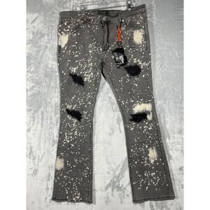 THRT Mens Grey Paint Splatter Distressed Flared Denim Jeans Size 40x33
